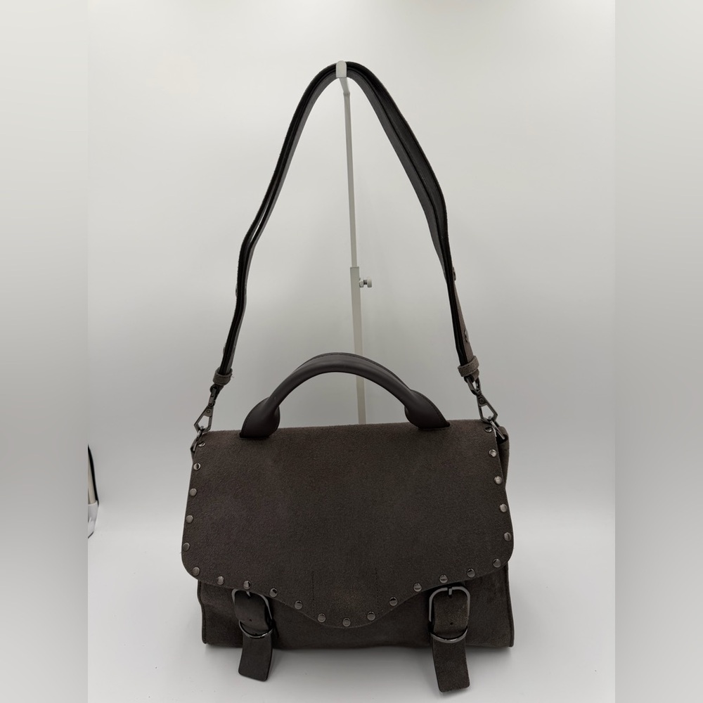 EUC Rebecca Minkoff Studded Suede Satchel Moto Buckle Crossbody in Gray
